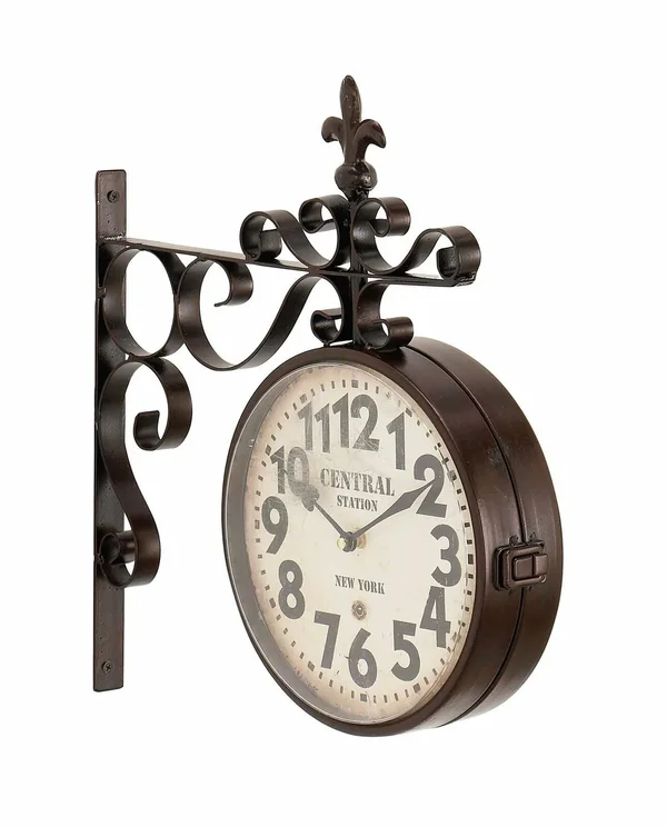 Fleur De Lis Living Candor Rustic Central Station Vintage Double Sided Wall Clock, Brown