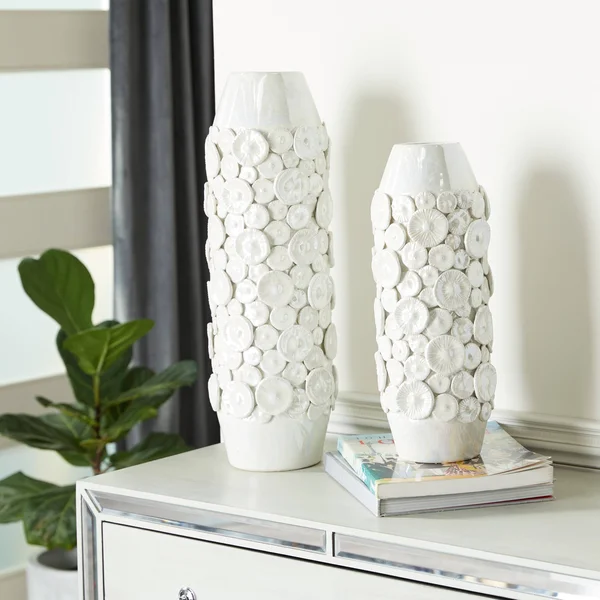 Set of 2 White Stoneware Modern Vase - 23