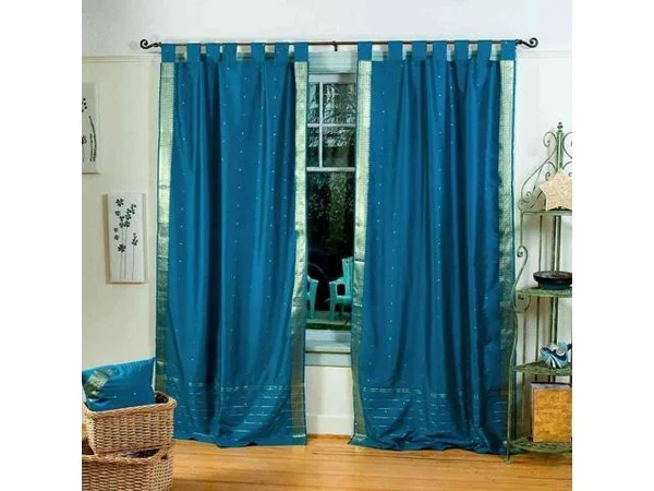 Turquoise Tab Top Sheer Sari Curtain, Drape, Panel - Pair