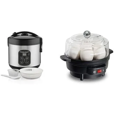 Hamilton Beach Digital Programmable Rice Cooker & Food Steamer, 8 Cups Cooked (4 Uncooked) & Electric Egg Cooker and Poa