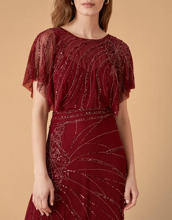 Monsoon Florence Embellished Flutter Sleeve Maxi Dress Red
