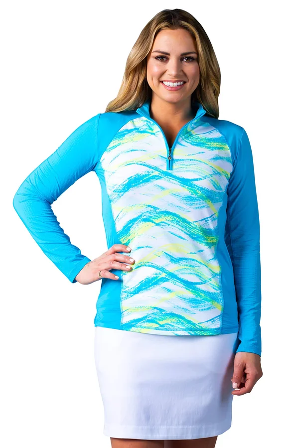 SanSoleil SolTek Ice Long Sleeve Print Panel Mock Neck Top