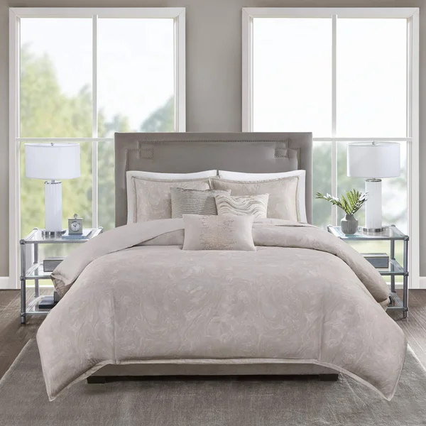 Madison Park Emory 6 Piece Cotton Sateen Duvet Cover Set - King/Cal King, Rose Gold/Beige