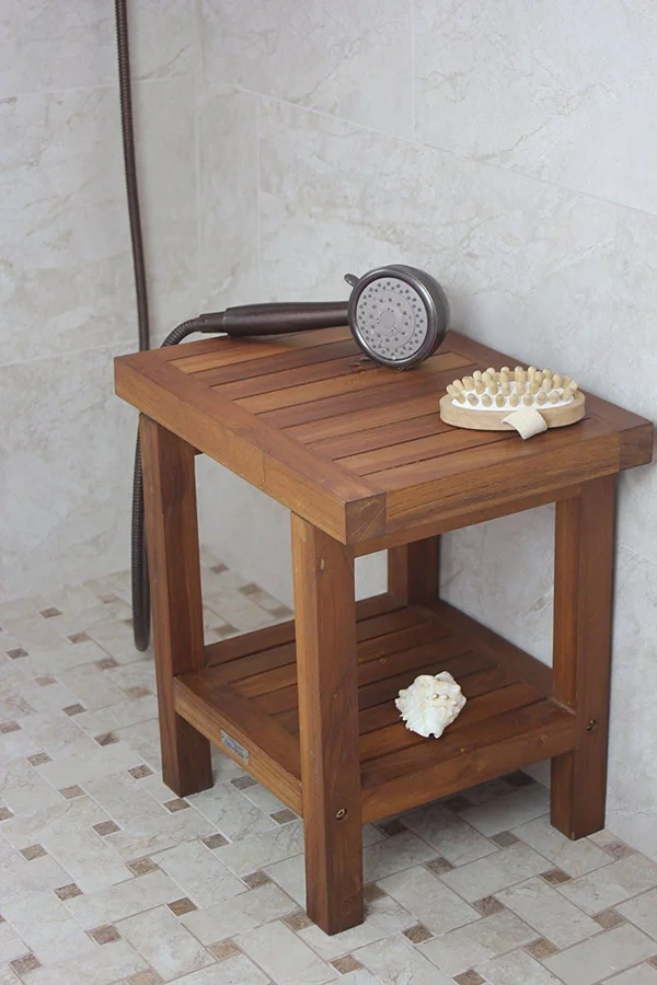 AquaTeak The Original 18x22 Spa Teak Shower Bench with Shelf, 18" x 13" x 18"