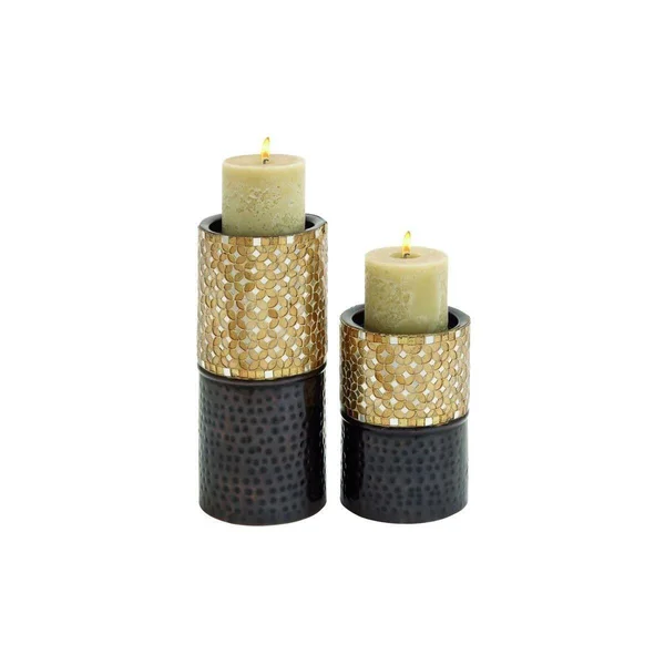 Decmode Metal Mosaic Candle Holder - Set of 2 Gold - Silver - 24101