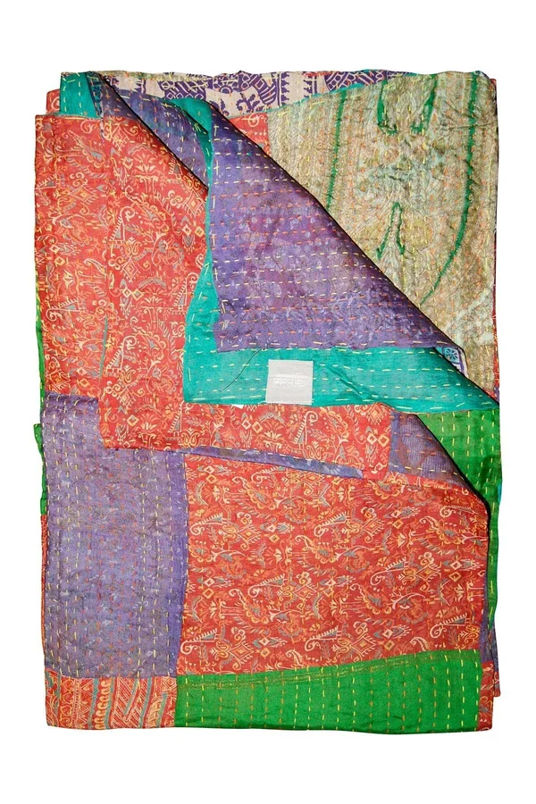 Kantha Silk Throw in Orange - Purple and Green