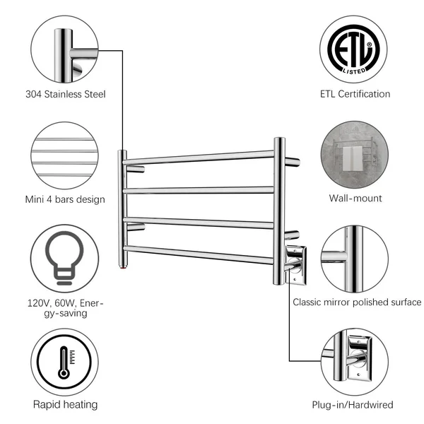 HEATGENE 4 Bar Wall-Mounted Plug-In - Hard-wiring Towel Warmer, Black