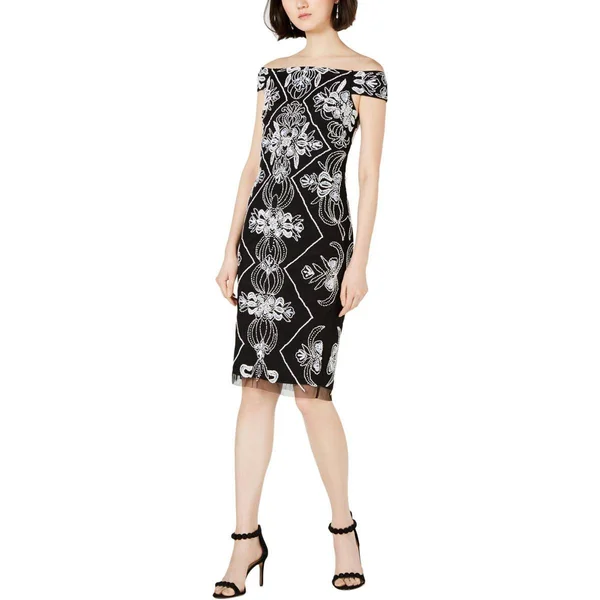 Adrianna Papell Womens Beaded Off-The-Shoulder Party Dress - Black White