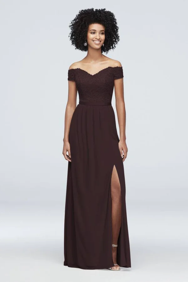 Off-The-Shoulder Lace and Mesh Bridesmaid Dress - Cinnamon (Brown), 24