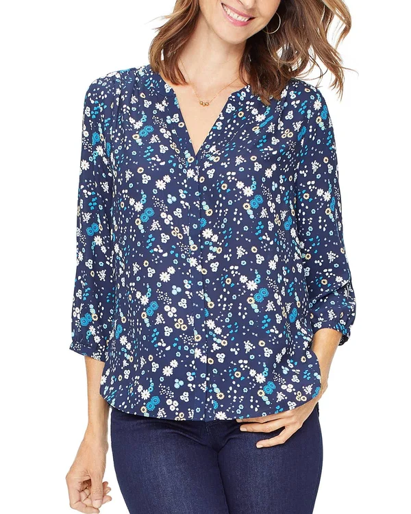 Nydj Women's Pintuck Blouse in Quincy Fresco, Regular, Size: Large, Denim