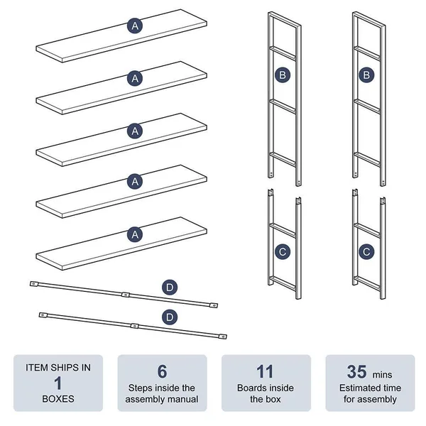 BELLEZE Bookshelf Open Wide Office Etagere Wood & Metal Bookcases - Dark Walnut - 5 Shelves