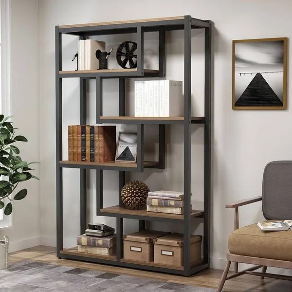 6-Tier Bookshelf - Modern Etagere Bookcase, Storage and Display Shelves - Brown