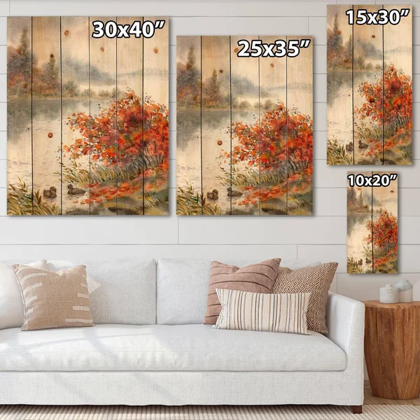 Designart 'View of The Lake in Autumn' Traditional Print on Natural Pine Wood - 25 in. Wide x 35 in. High
