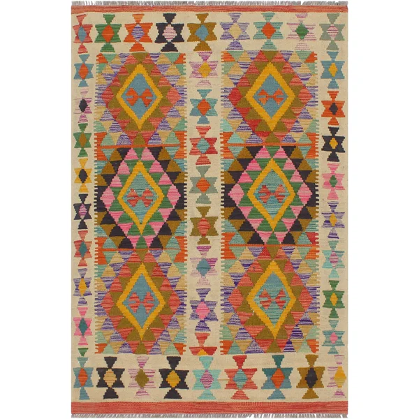 Geometric Kilim Marcellu Beige Gold Hand Woven Area Rugs