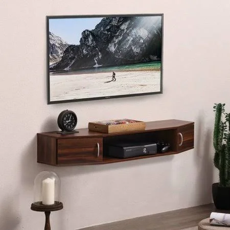 Fitueyes Wall Mounted TV Media Console Floating Desk Storage Hutch for Entertainment Center Shelf Walnut