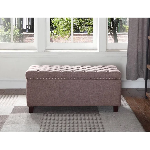Button Tufted Storage Ottoman with Nailhead - Brown Color