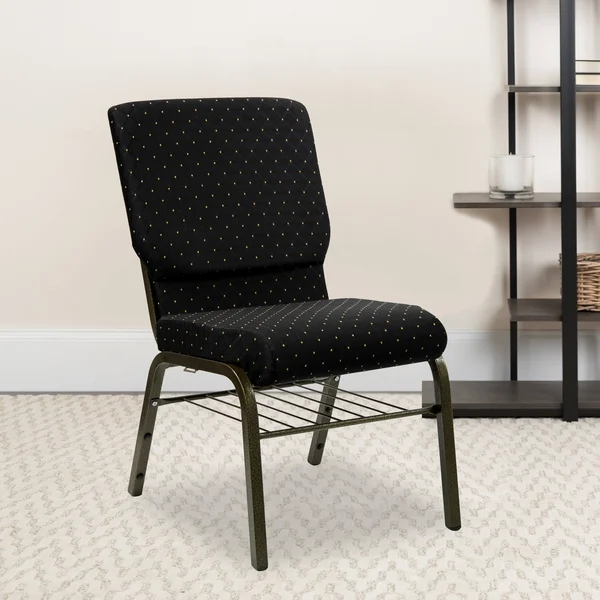 Hercules Series 18.5&&W Church Chair with Book Rack Black Dot Patterned Fabric/Gold Vein Frame