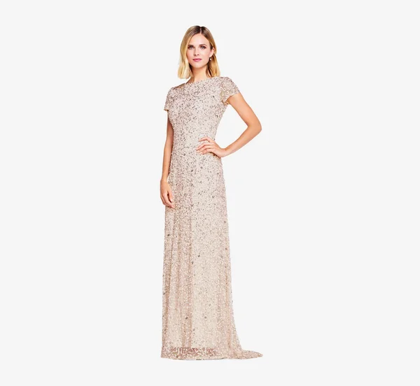 Adrianna Papell Scoop Back Sequin Gown - Blush, Size: 20