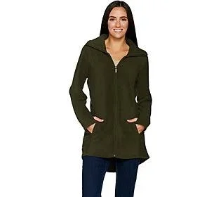 Denim & Co. Fleece Zip Front Long Sleeve Jacket with Hi-Low Hem, Size Large, True Olive