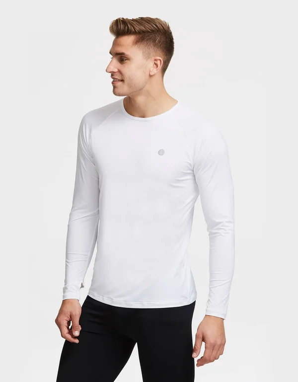 UPF 50+ Long Sleeve Sun Protective Base Layer for Men, Sun Safe Tops White