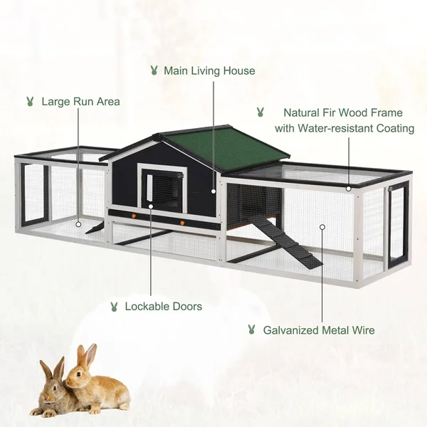 PawHut 2-Story Large Wooden Rabbit Hutch Pet House with Ramps - Lockable Doors, Run Area and Asphalt Roof for Outdoor Use