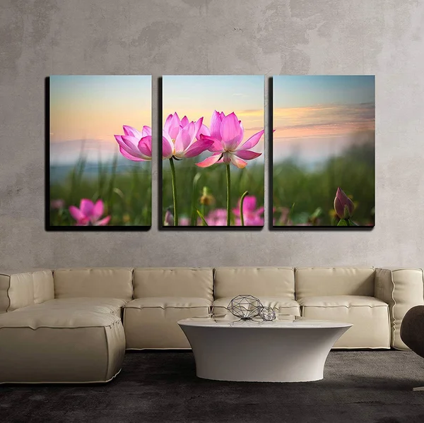 Wall26 - 3 Piece Canvas Wall Art - Beautiful Lotus Flower in Blooming at Sunset - Modern Home Decor Stretched and Framed Ready t