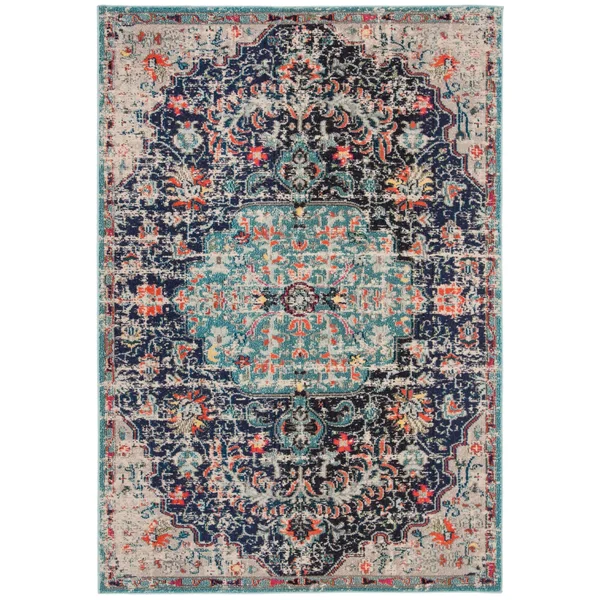 Safavieh Madison Sabire Boho Medallion Distressed Rug (10& x 10& Round - Navy/Light Blue)