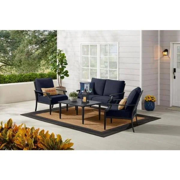Hampton Bay Braxton Park 4-Piece Black Steel Outdoor Conversation Deep Seating Set with CushionGuard Midnight Navy Blue Cushions