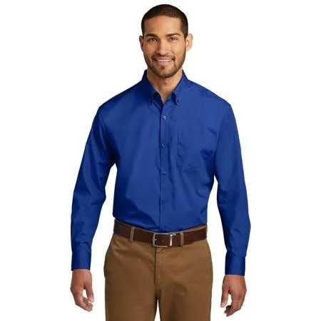 12 Custom Port Authority W100 Long Sleeve Carefree Poplin Shirt - True Royal Blue - XLT