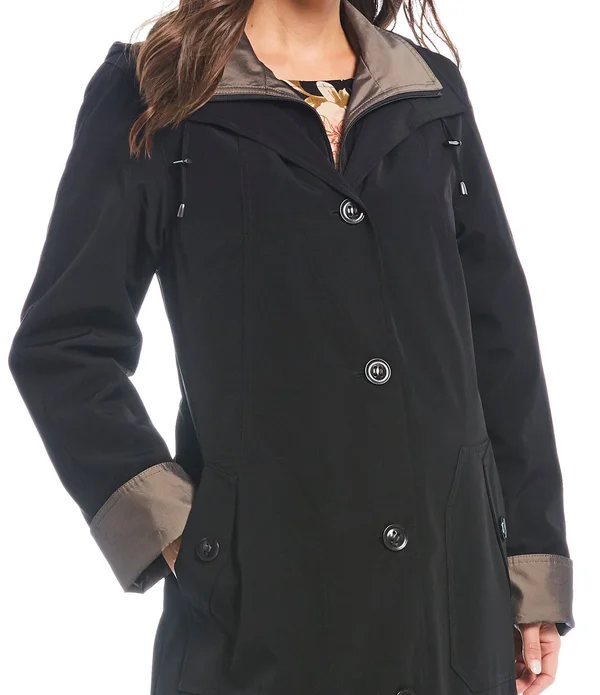 Women's Gallery Full Length Two-Tone Silk Look Raincoat, Size Medium - Black