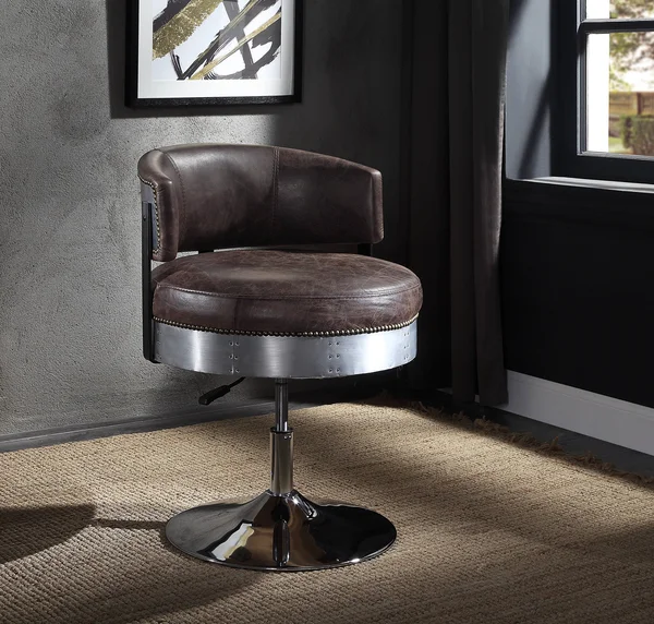 Acme Brancaster Adjustable Chair with Swivel, Distress Chocolate Top Grain Leather and Chrome