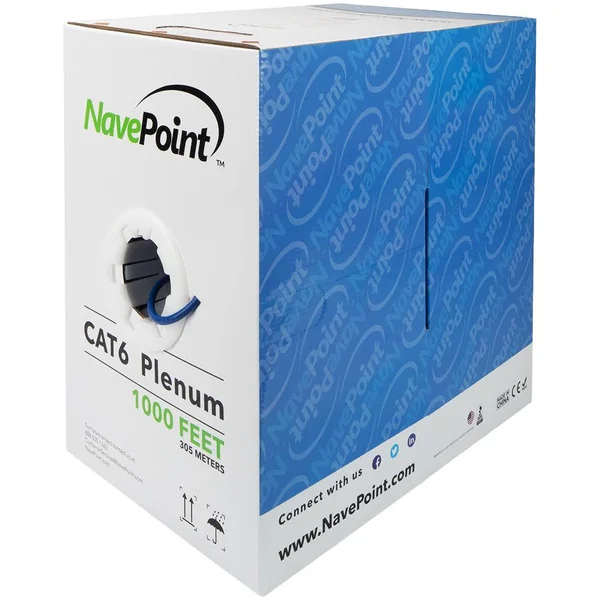 Navepoint Cat6 Plenum Jacket - 1000ft, Blue, Solid Bare Copper Bulk Ethernet Cable, 550Mhz, 23AWG 4 Pair, Unshielded Twisted Pair