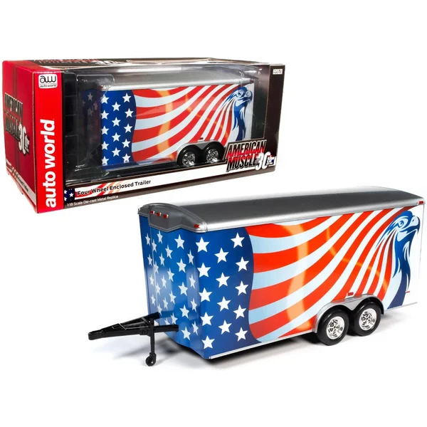 Four Wheel Enclosed Car Trailer with American Flag Graphics American Muscle 30th Anniversary for 1/18 Scale Model Cars by Autowo