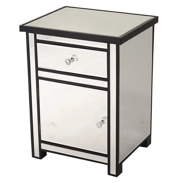 Wood Finish Mirrored Glass Drawer Cabinet - Antique White