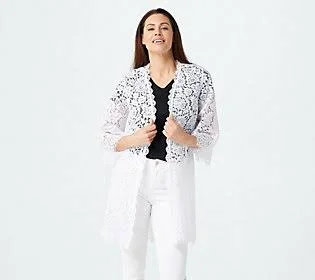 Isaac Mizrahi Live! Open Front Floral KnitLace Duster, Size Small, Bright White