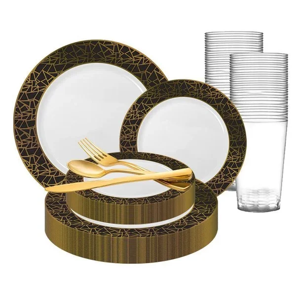 20 Settings - White with Black and Gold Mosaic Rim Round Plastic Wedding Value Set
