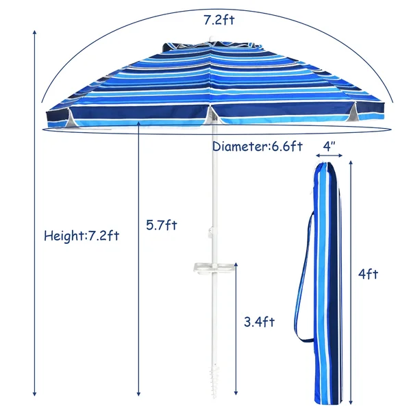 Costway 7.2 ft Portable Beach Umbrella Tilt Sand Anchor Cup Holder - Blue