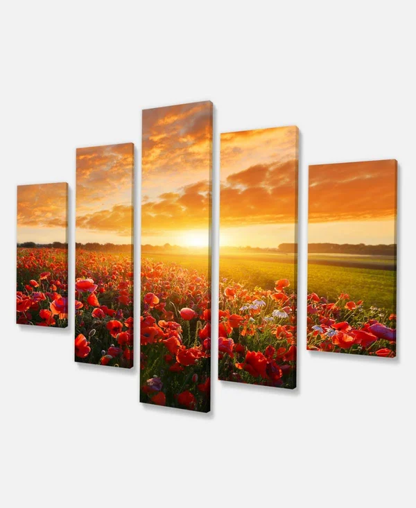 Designart &Beautiful Poppy Field at Sunset& Multipanel Canvas Art Print - 60x32 5 Panels