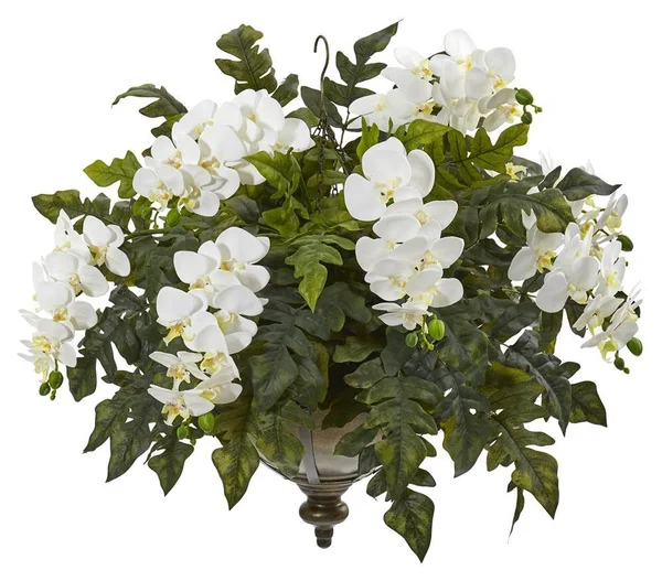 Nearly Natural 25x22 Phalaenopsis Orchid and Holly Fern Artificial Plant in Metal Hanging Bowl - Cream