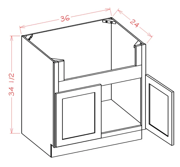 Wilora Hawthorne Shaker Cinder 36x22 x 34.5x22 x 24x22 Farm Sink 2 Doors Base Cabinet - Solid Birch with Veneered MDF Center Pan