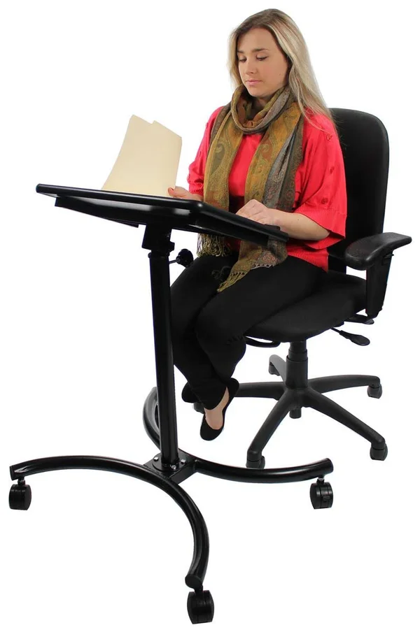 Displays2go Adjustable Laptop Stand with 20 x 16-inch Tilting Surface, Locking Casters, Contemporary Curved Base, Ergonomic Desi