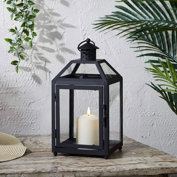 Lights4fun - Inc. 13.5” Black Metal Battery Operated LED Flameless Candle Lantern for Indoor Outdoor Use