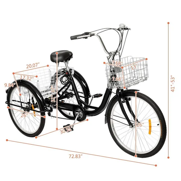Adult Tricycle 26x22 Wheels - 7 Speed Men's Women's Bike - Black