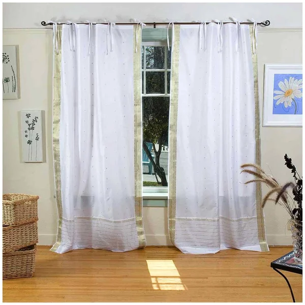 White with Gold Tie Top Sheer Sari Curtain - Drape, Panel - Piece