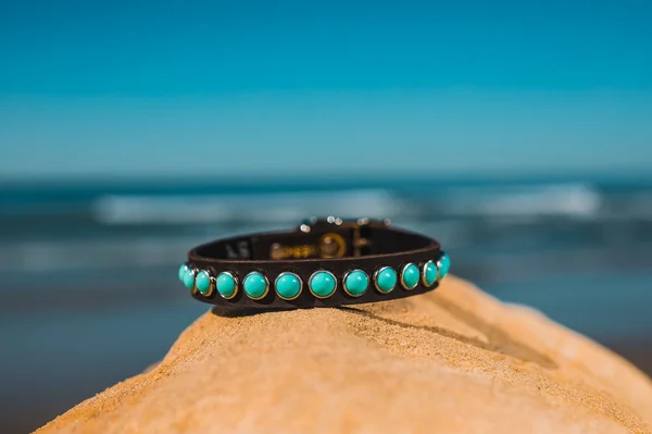 Single Row Turquoise Cabs on Chocolate Leather Dog Collar Size 14: Fit Range 12-13 in. x 1/2 in. W