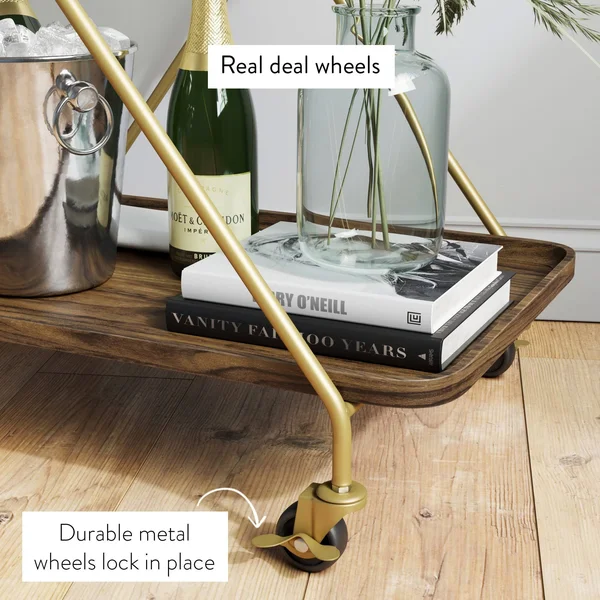 Nathan James Hallie Retro 2-Tray Beige Mid-Century with Black Metal Finish Rolling Bar Cart or Serving Cart