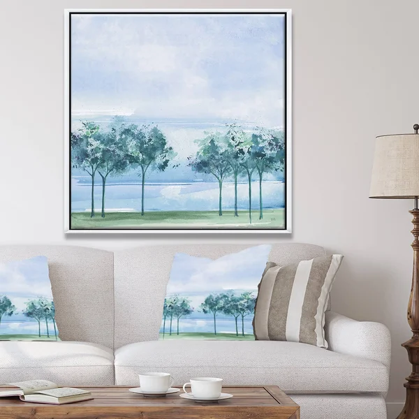 Designart 'Across The Lake VI' Lake House Framed Canvas - Blue - 30 in. Wide x 30 in. High - Gold