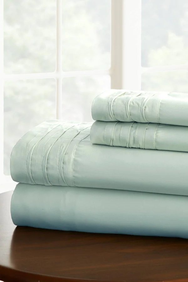Solid 4 Piece Sheet Set with Pintuck Hem Misty Blue, California King