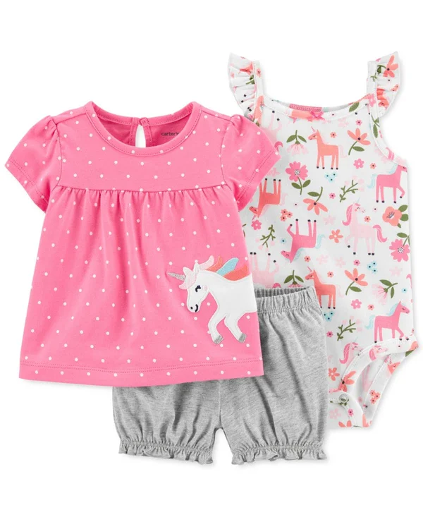 Carter&s Pink Baby Girls 3 Piece Unicorn Little Short Set