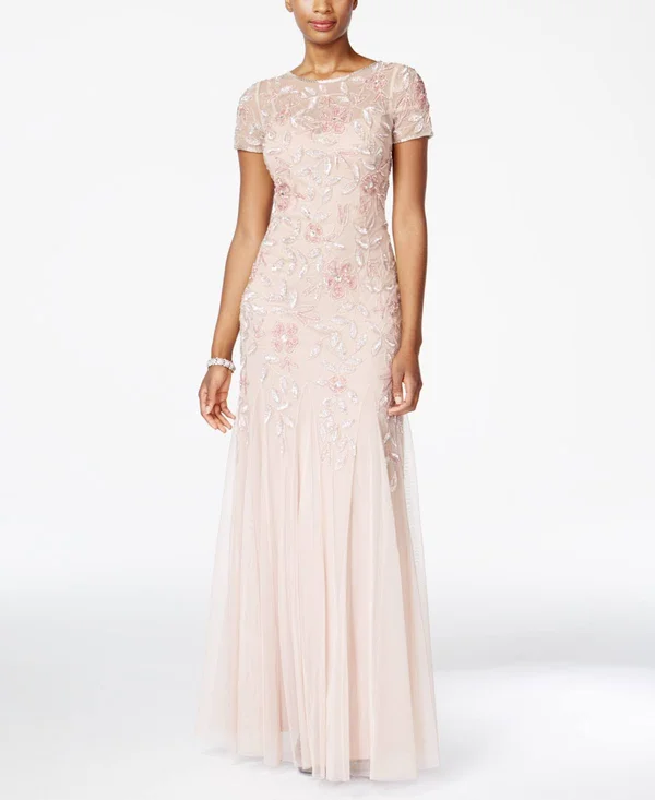 Adrianna Papell Floral-Beaded Gown - Blush